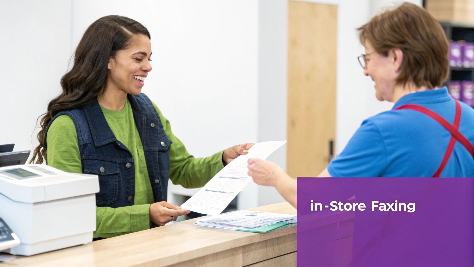 A smiling customer hands documents to a store employee for in-store faxing services.