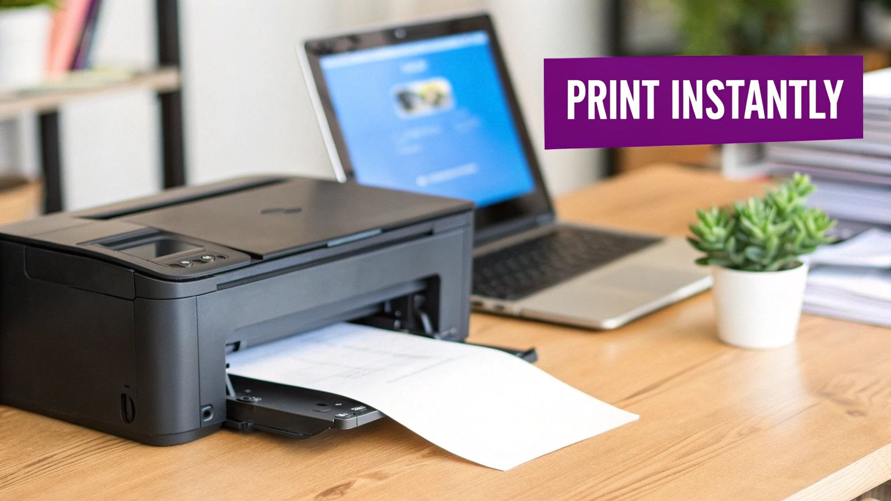 A black printer actively printing a document on a wooden desk, next to a laptop and a small green plant.