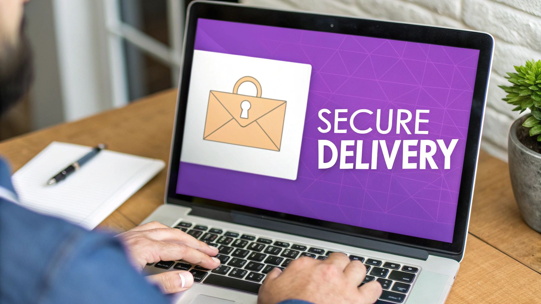 Person typing on a laptop displaying 'Secure Delivery' text and a locked envelope icon.