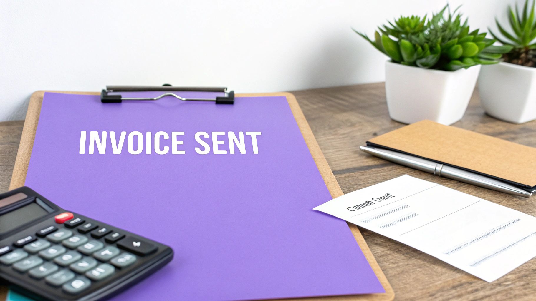 A desk setup with a purple clipboard displaying 'INVOICE SENT', a calculator, a pen, and potted plants.