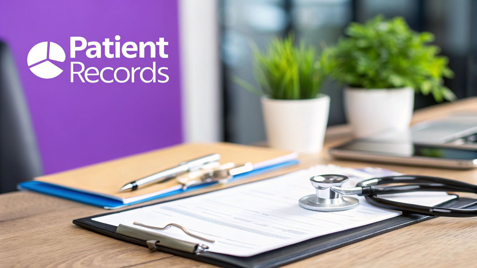 A healthcare office desk featuring a 'Patient Records' logo, a stethoscope, and medical forms.