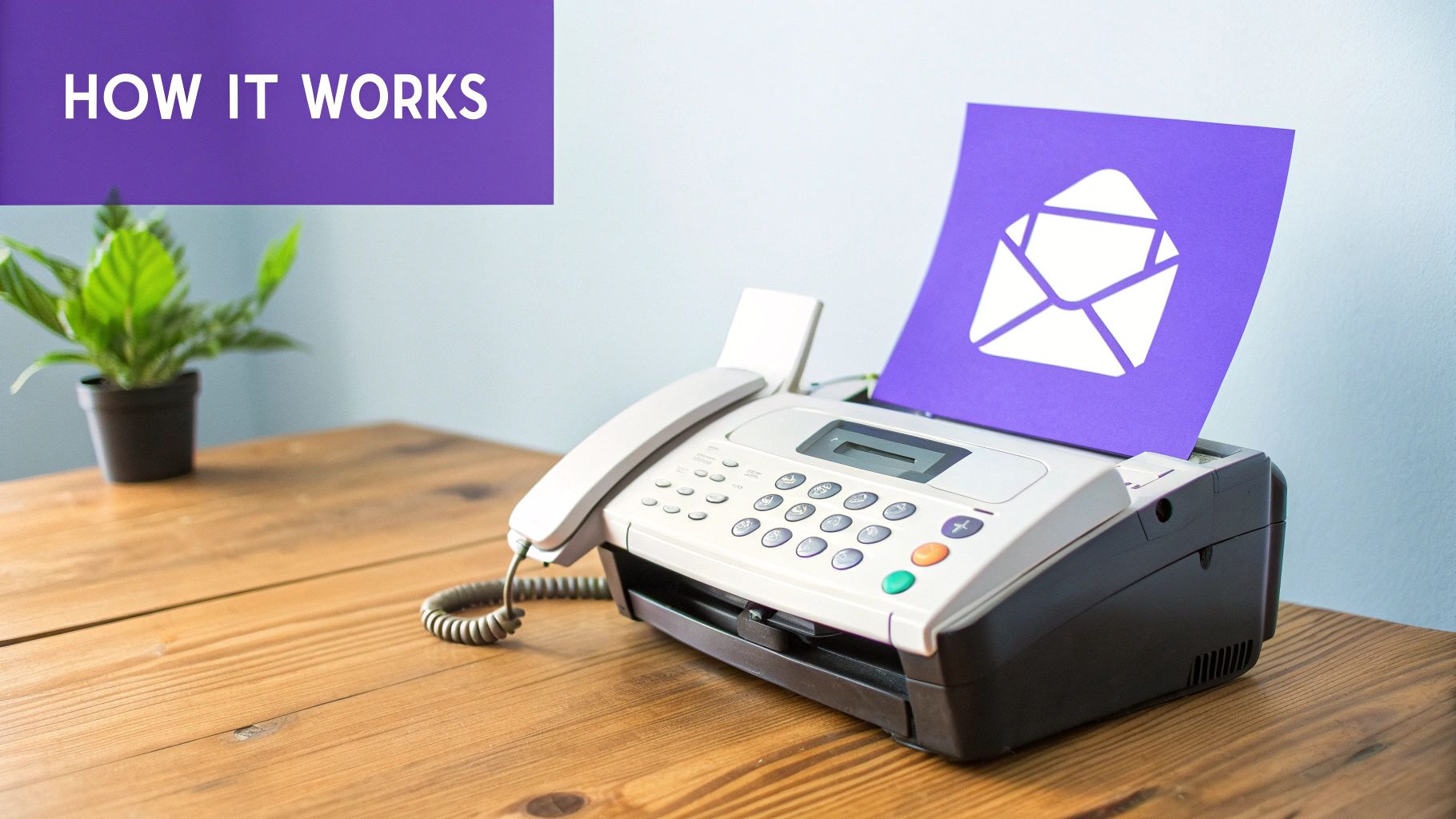 A fax machine on a wooden desk with a purple sheet of paper showing an envelope icon and text 'HOW IT WORKS'.