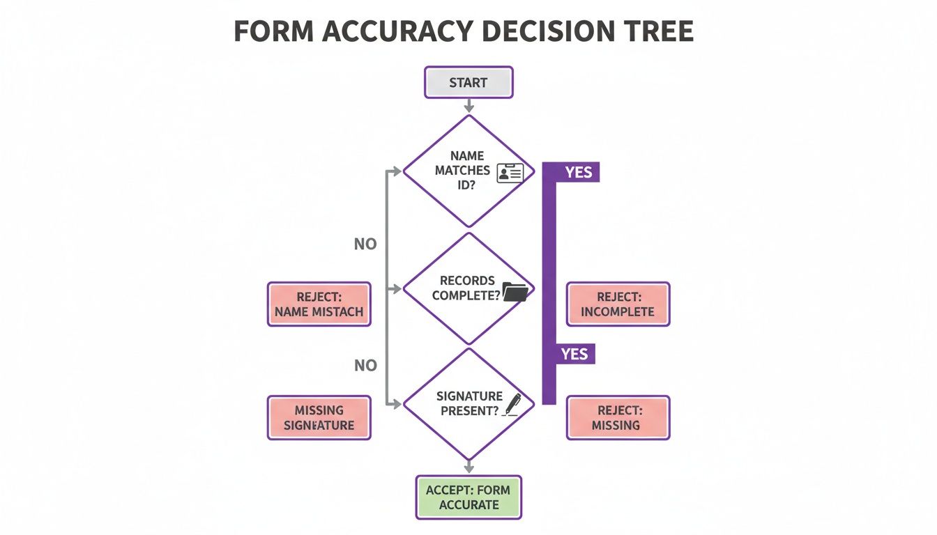 Decision tree flowchart illustrating the steps to check form accuracy for medical records processing.