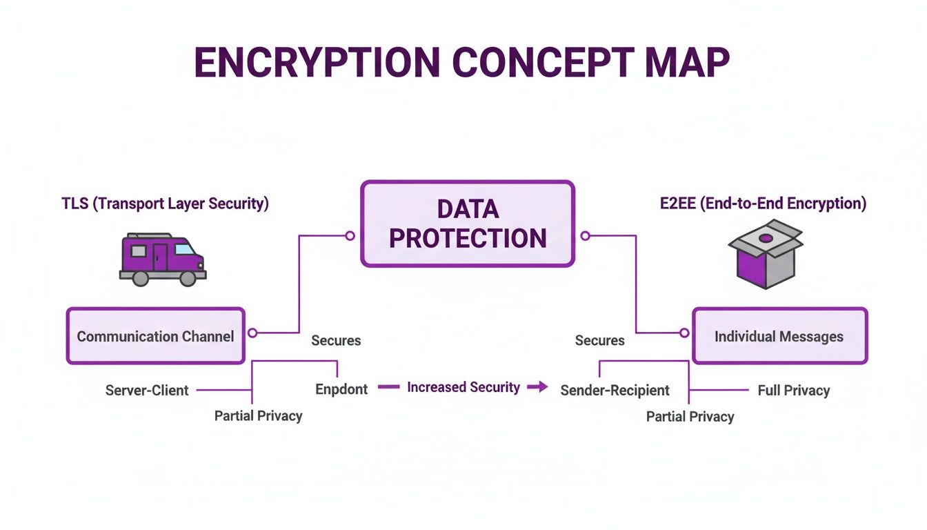 A concept map comparing TLS and End-to-End Encryption (E2EE) for data protection, security, and privacy.
