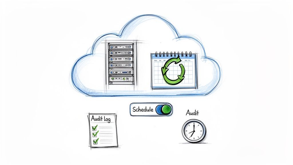 Illustration of cloud servers, scheduled tasks with a calendar and refresh icon, and audit logs with a clock.