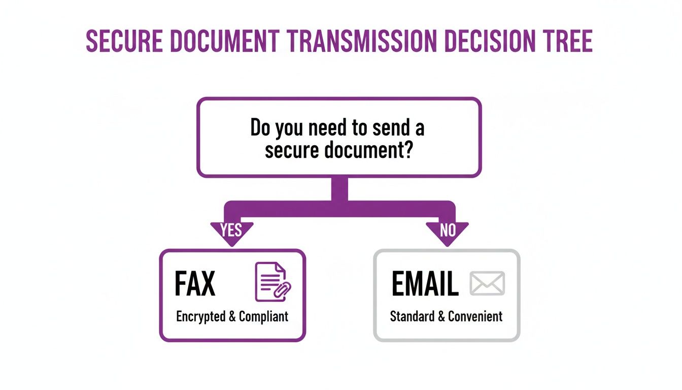A decision tree for secure document transmission. If secure, use Fax (encrypted and compliant). If not, use Email (standard and convenient).