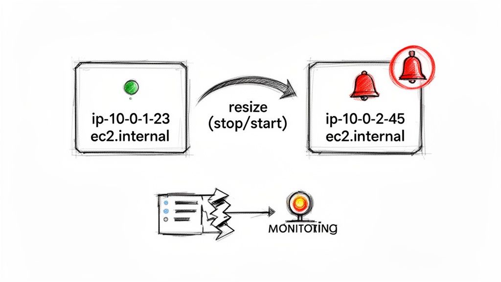 Diagram showing EC2 instance's IP and hostname changing after a stop/start resize, impacting monitoring.