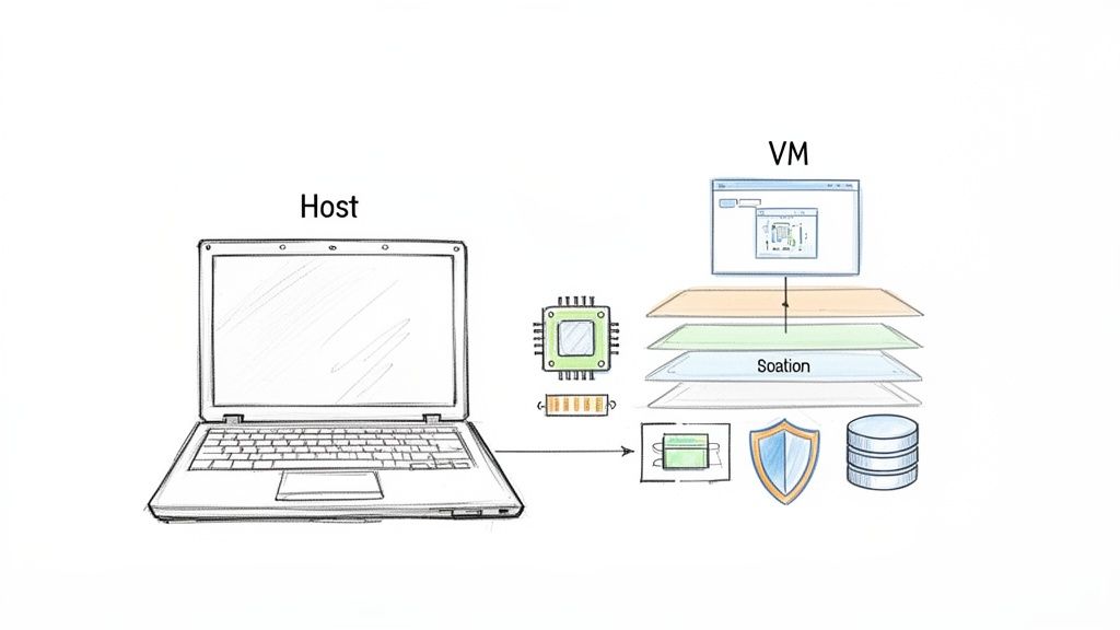 Diagram illustrating a host laptop connected to virtual machine components like CPU, memory, software layers, security, and storage.