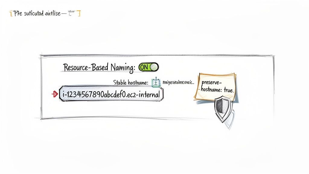 A sketch showing resource-based naming enabled for an AWS EC2 instance with a stable hostname.