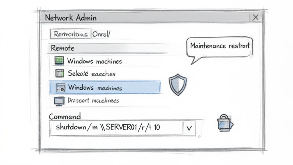 A sketched network administration window showing a remote shutdown command for Windows machines, indicating a maintenance restart.