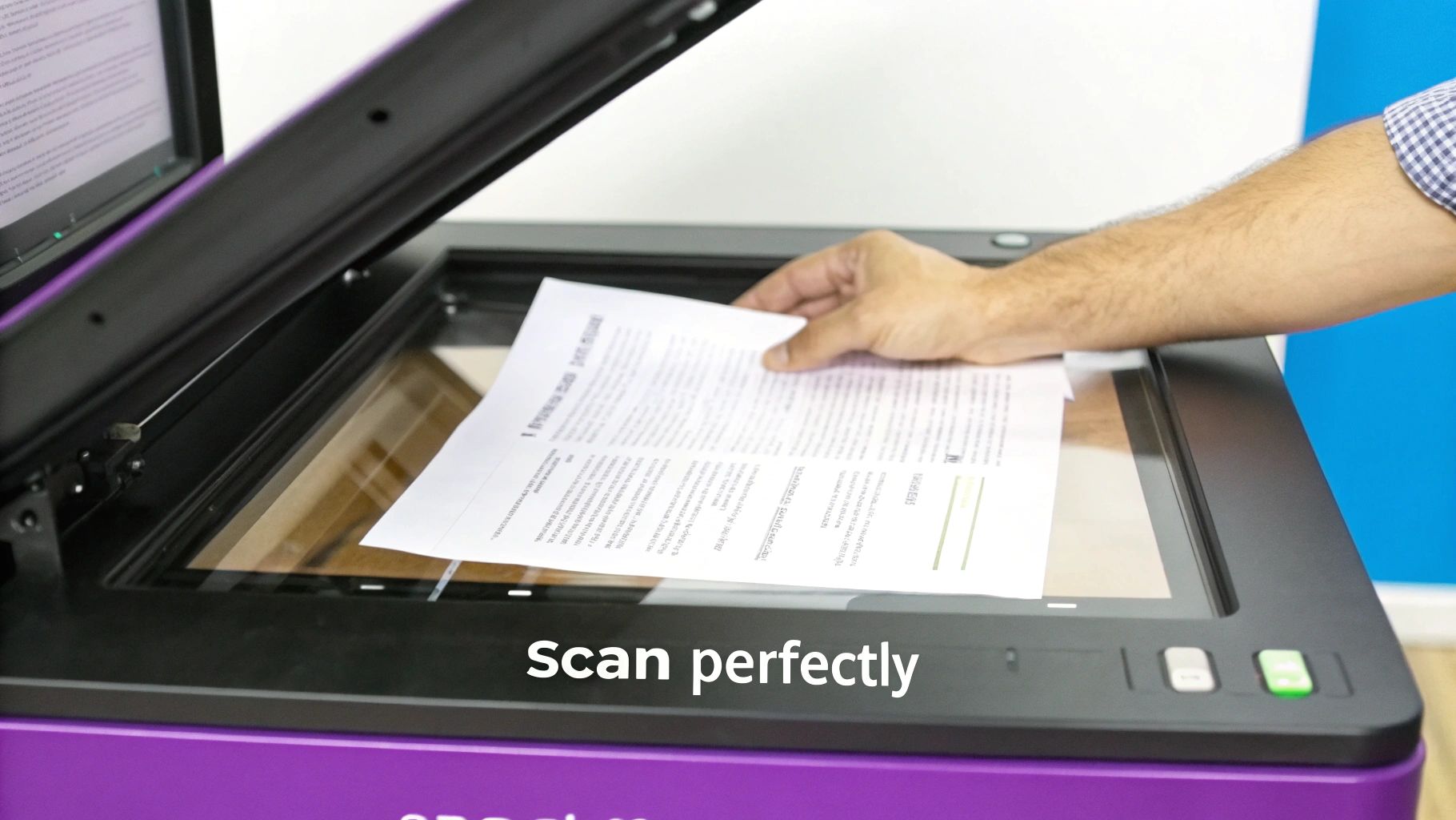 A person's hand places a document on a purple flatbed scanner, with 'scan perfectly' text visible.