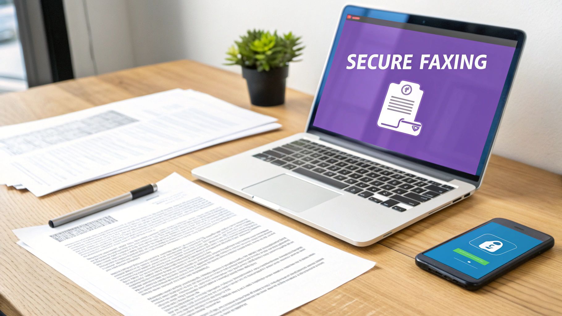 A person sending a document from a laptop to a fax machine, symbolizing the bridge between digital and traditional communication.