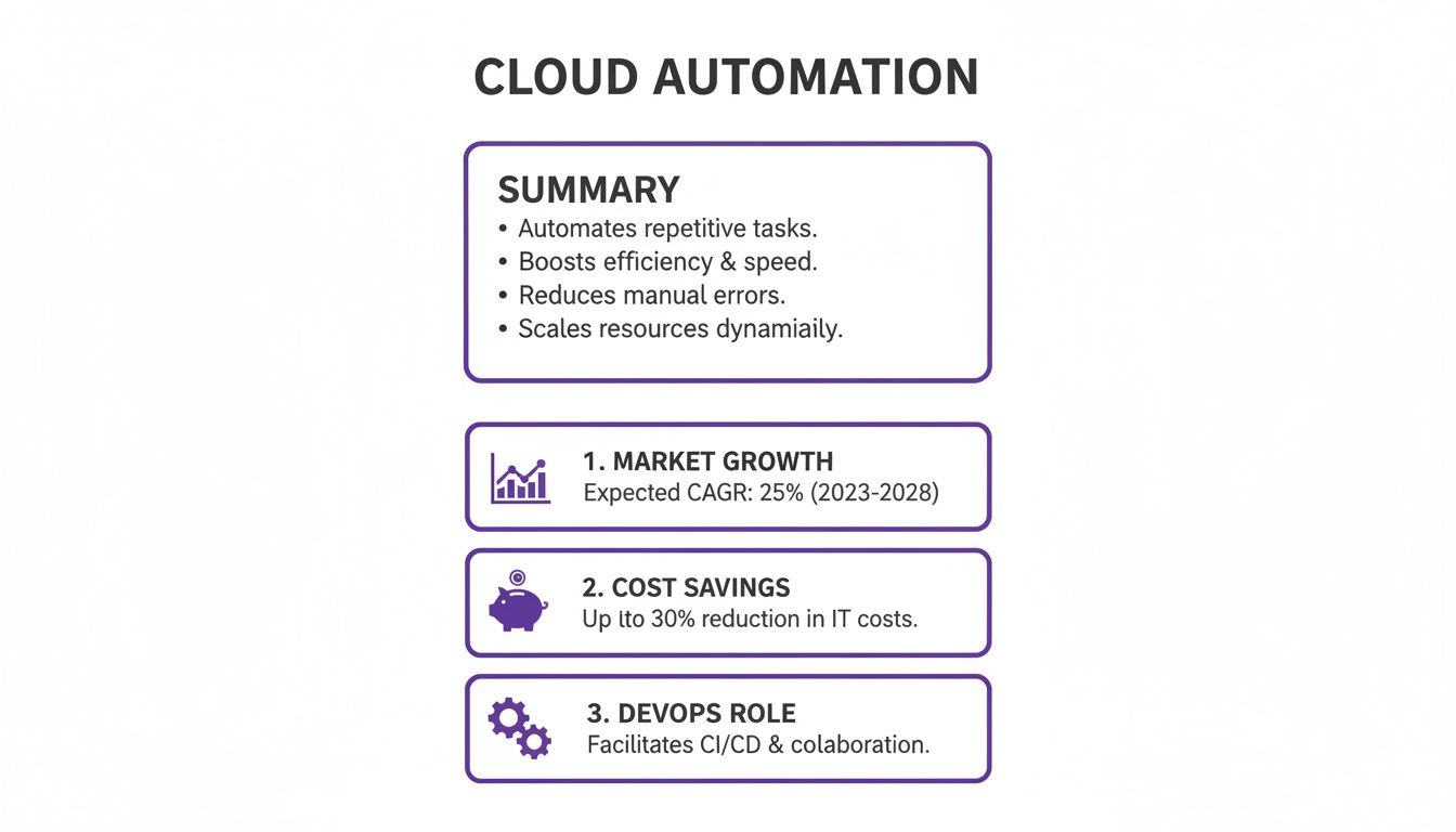 An infographic detailing cloud automation benefits including a summary, market growth, cost savings, and DevOps role.