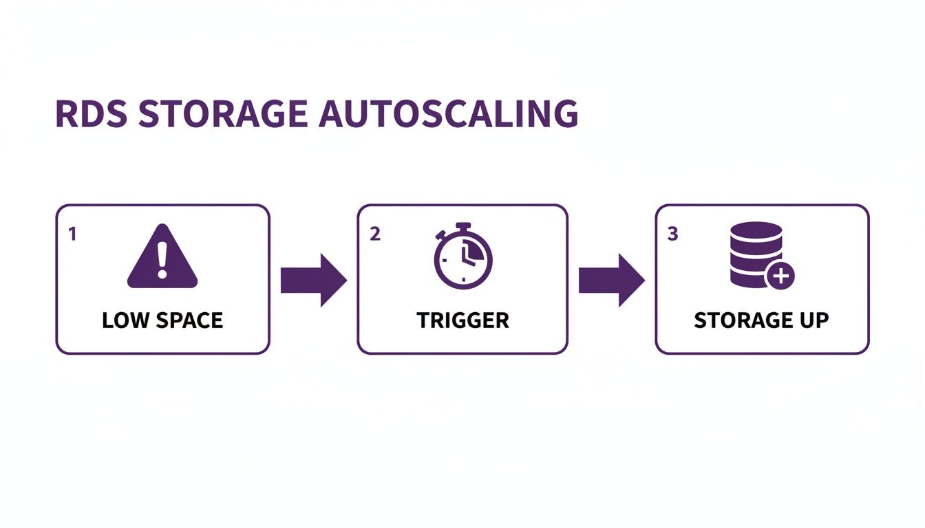 A diagram showing the process of RDS Storage Autoscaling starting with a low space warning, triggering an automatic action, and resulting in increased database storage.