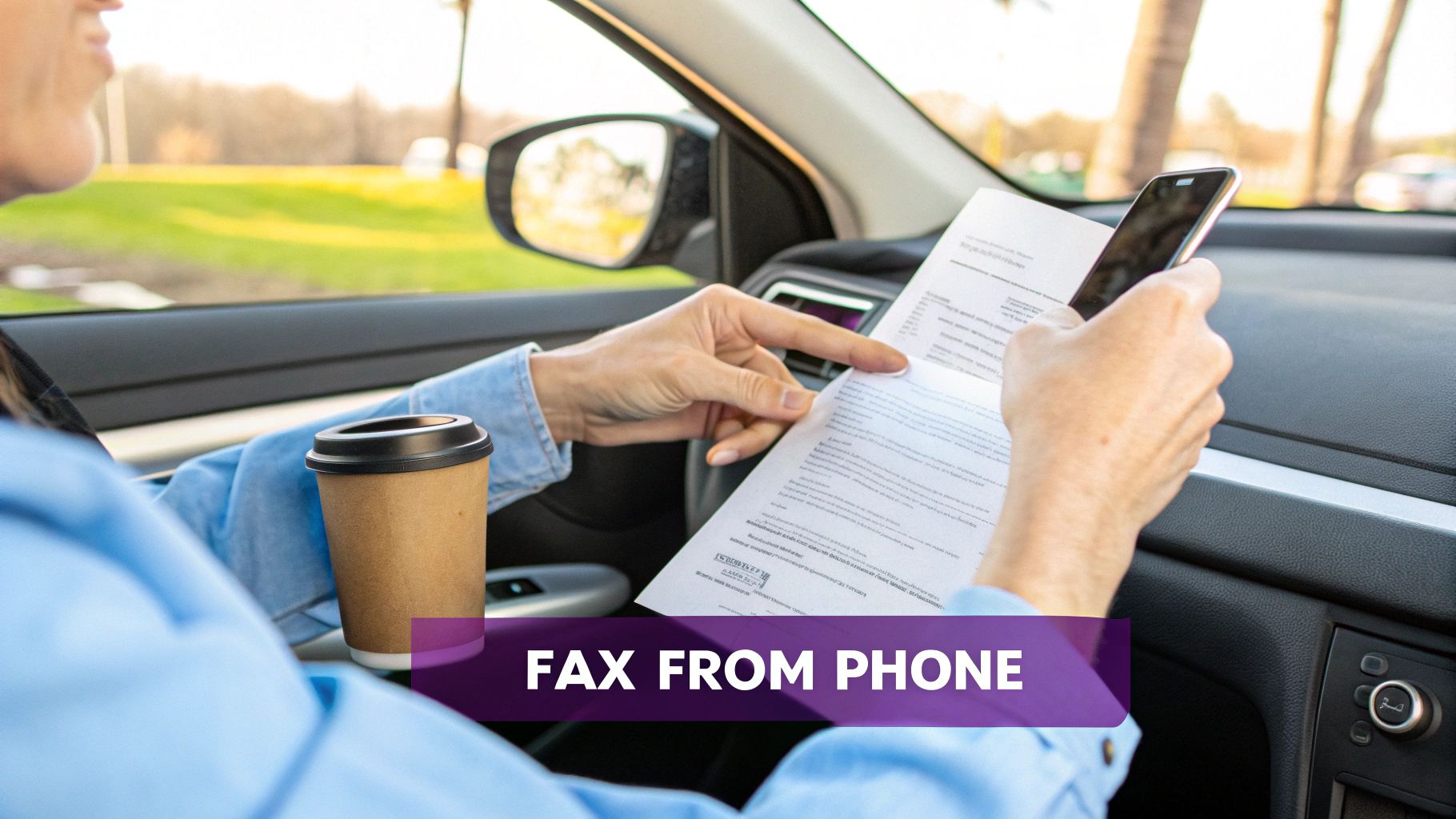 A person in a car holds a document and a smartphone, demonstrating faxing from a phone.