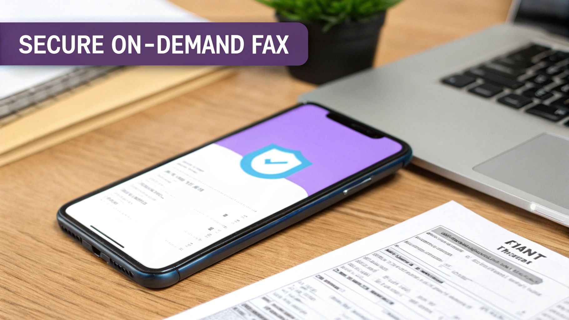 Smartphone displaying a security shield icon, illustrating a secure on-demand fax service on a wooden desk with a laptop.
