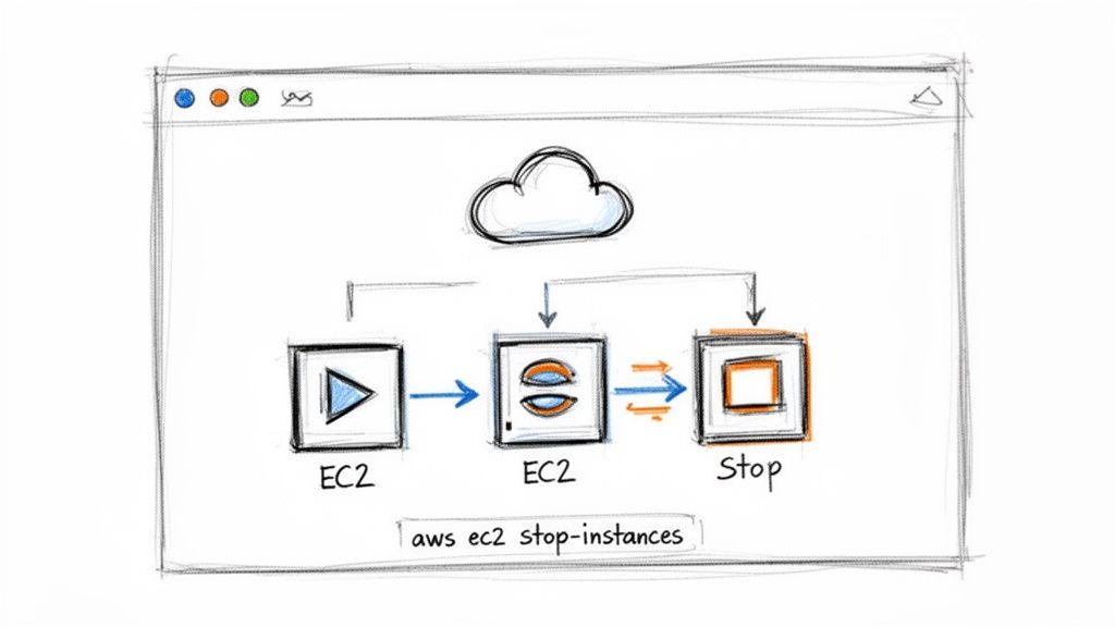 Sketch diagram illustrating the AWS EC2 instance stopping process using a command.