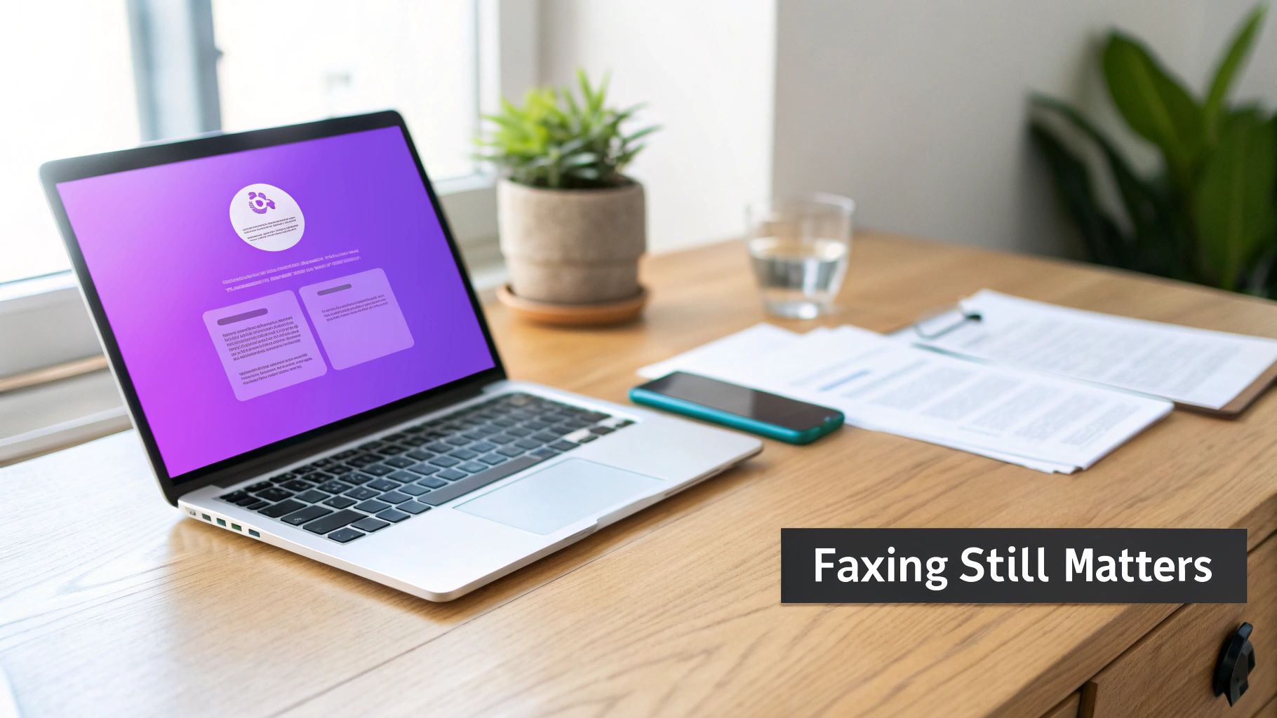 A laptop with a purple screen sits on a wooden desk alongside a smartphone, plant, and documents, with text 'Faxing Still Matters'.