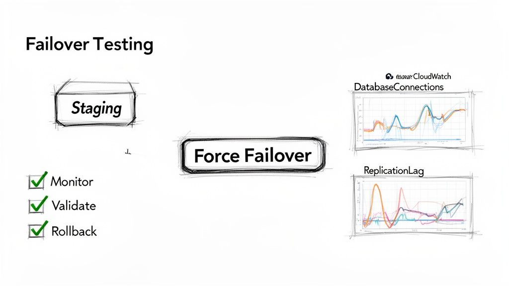 Diagram illustrating a failover testing process with staging, force failover, and monitoring CloudWatch metrics.