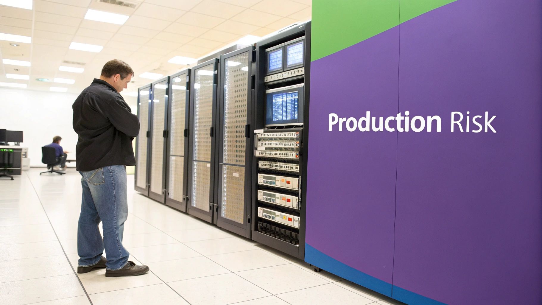 Man in a data center examining server racks next to a large 'Production Risk' sign.
