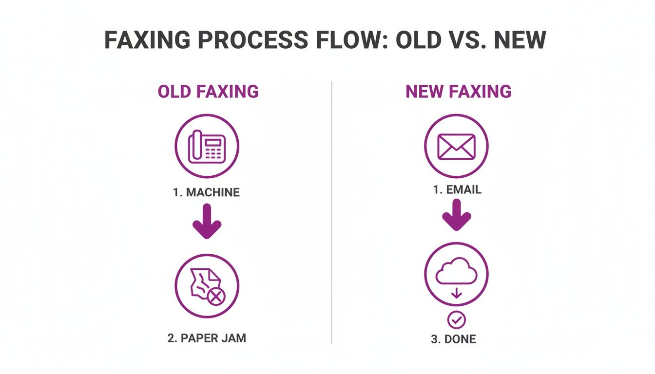 Flowchart comparing old a fax machine process prone to paper jams with new, efficient email and cloud faxing.