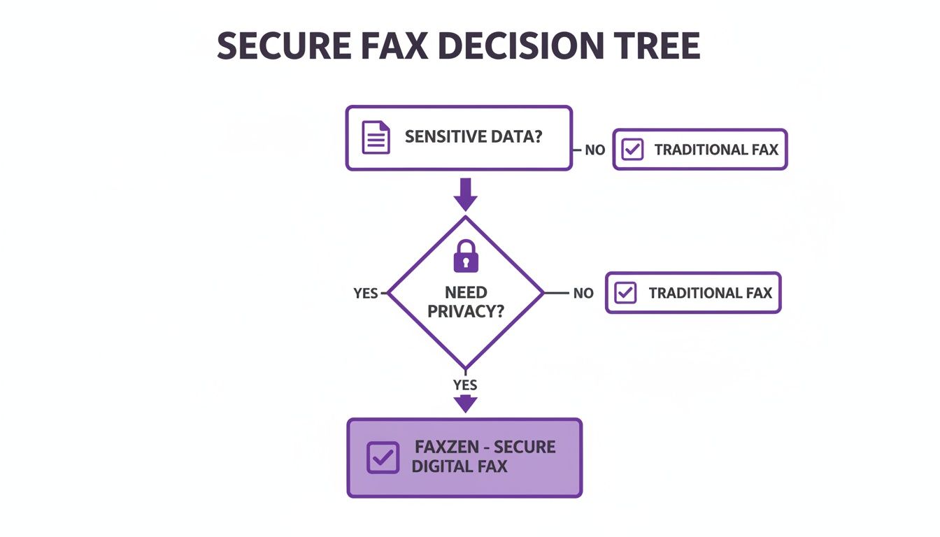 A secure fax decision tree flowchart guiding users on choosing between traditional fax and Faxzen secure digital fax.