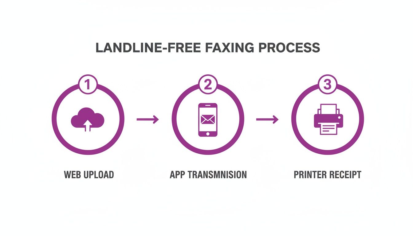 A three-step diagram illustrating the landline-free faxing process: web upload, app transmission, and printer receipt.