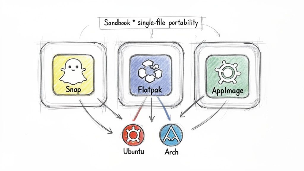 Diagram illustrating Snap, Flatpak, and AppImage universal Linux packaging formats connecting to Ubuntu and Arch distributions.