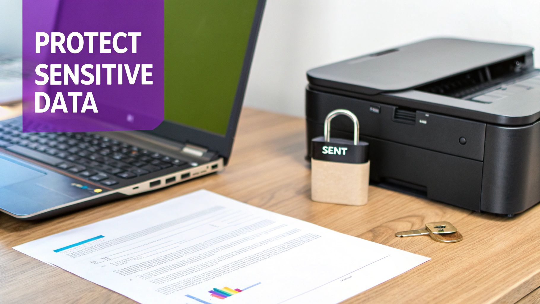 A desk with a laptop, printer, document, a 'SENT' padlock, and keys, emphasizing sensitive data protection.