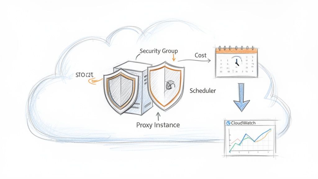 Diagram illustrating a proxy instance within a cloud, protected by a security group, linking to a scheduler and CloudWatch for cost optimization.
