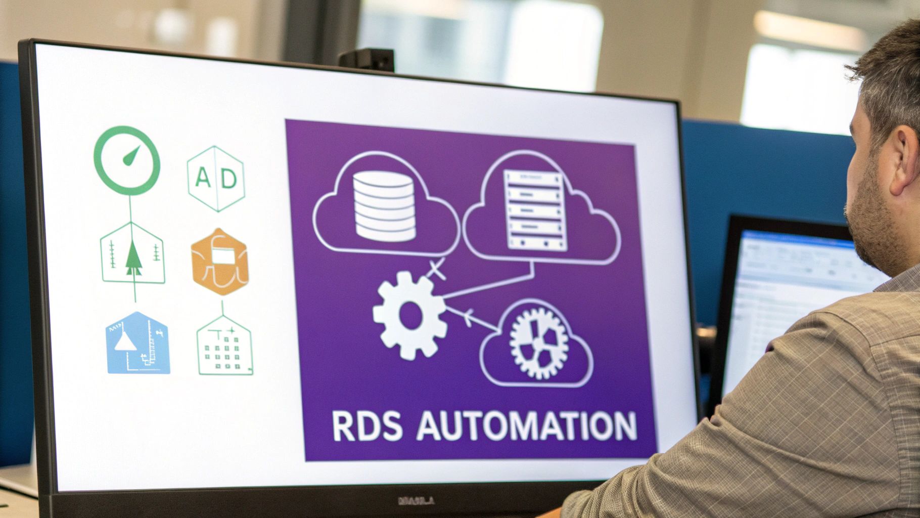 A professional views a monitor with a technical diagram for AWS RDS automation solutions.