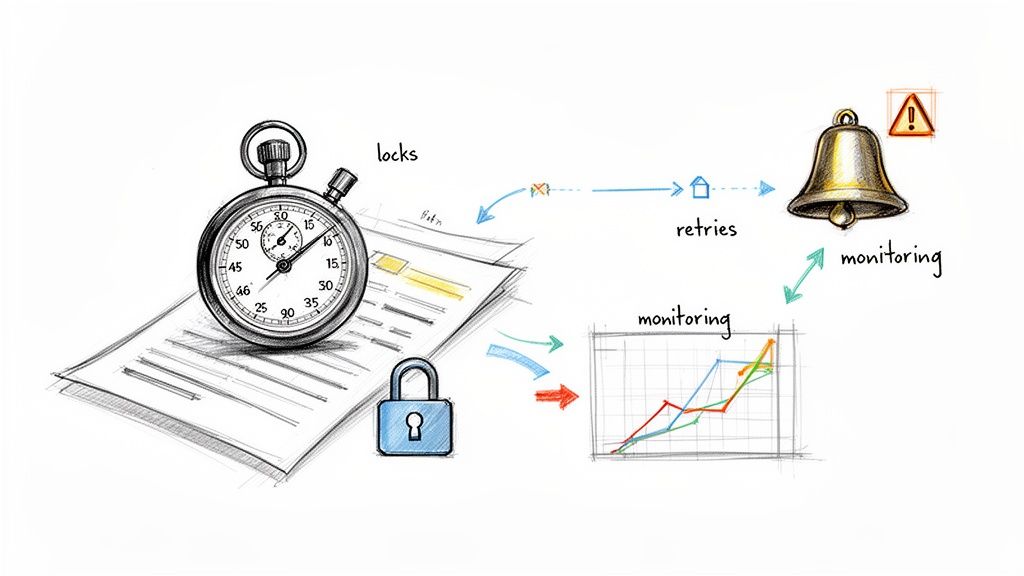 Illustration of cron job concepts: stopwatch for timing, locks, retries, monitoring, and alerts.