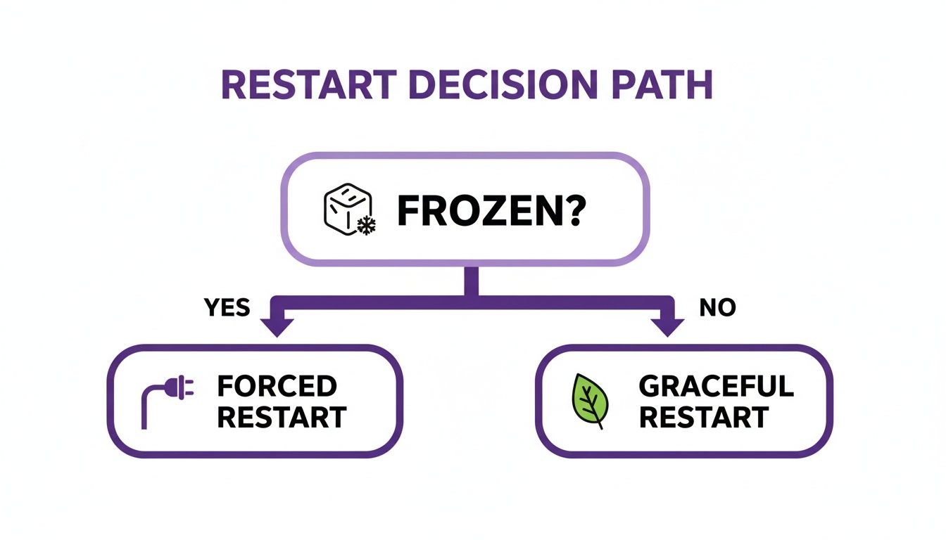 Flowchart showing restart decision path: if frozen, do a forced restart; otherwise, a graceful restart.