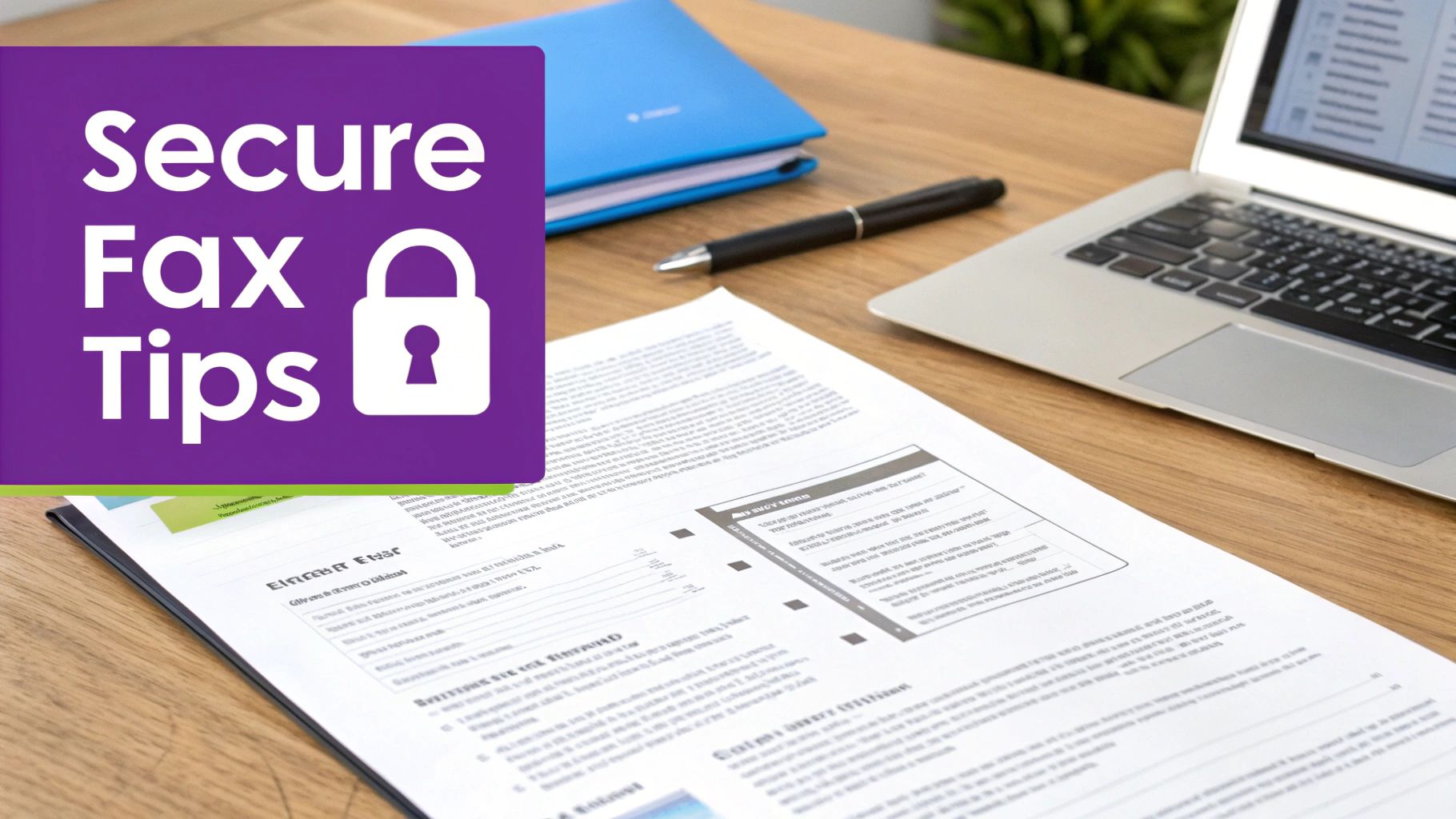 Purple 'Secure Fax Tips' graphic with a padlock, on a desk with documents, a laptop, and a pen.