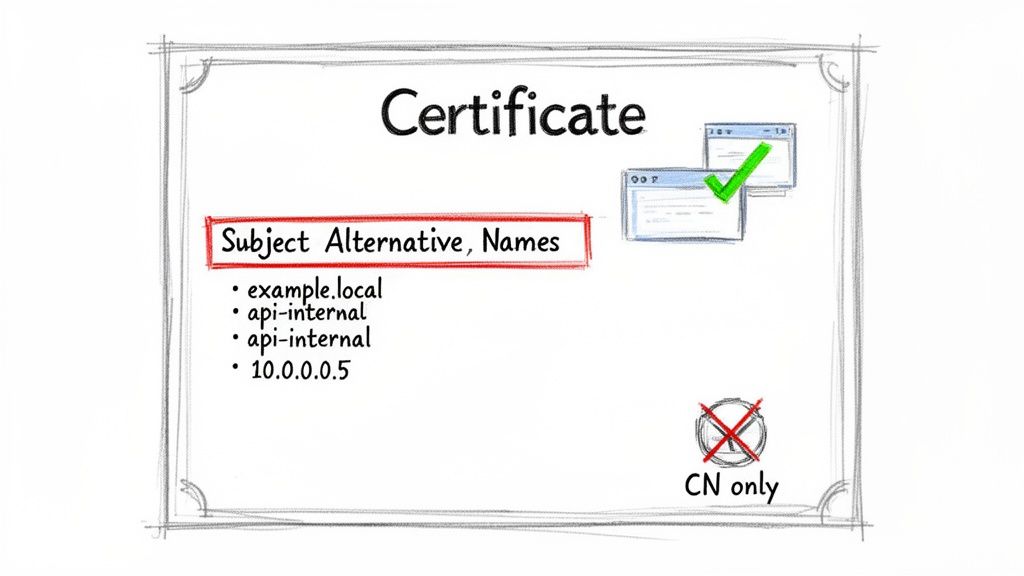 Diagram illustrating a certificate with Subject Alternative Names for domains and an IP address, highlighting SANs over CN ></p>
<p>When you <strong>create a self signed certificate OpenSSL</strong> can easily embed SANs, but it requires a configuration file rather than the interactive prompts used for basic certificates. This file, typically with a <code>.cnf</code> extension, acts as a blueprint, defining all extensions ahead of time. This not only guarantees a modern, compatible certificate but also makes the entire process repeatable and scriptable—a huge win for automation. Thinking about automating other parts of your infrastructure? <a href=
