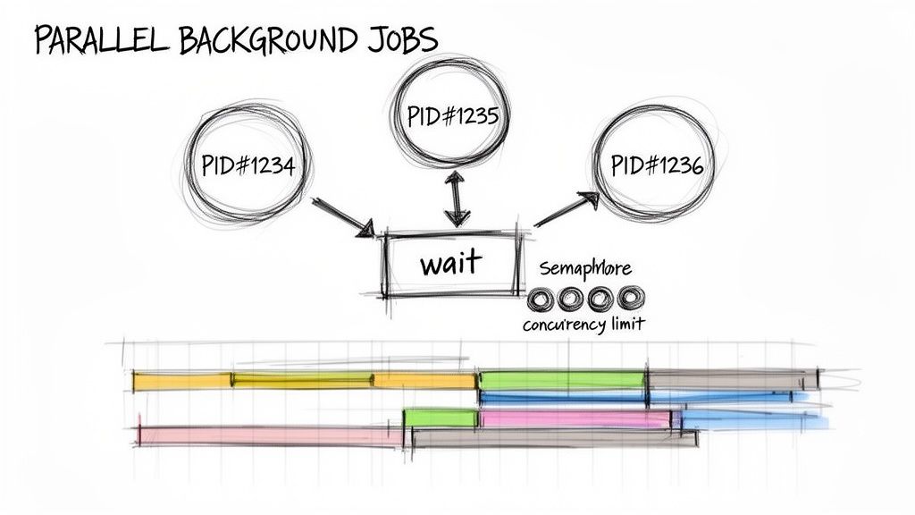 Diagram illustrating parallel background jobs managed by a semaphore for concurrency control.