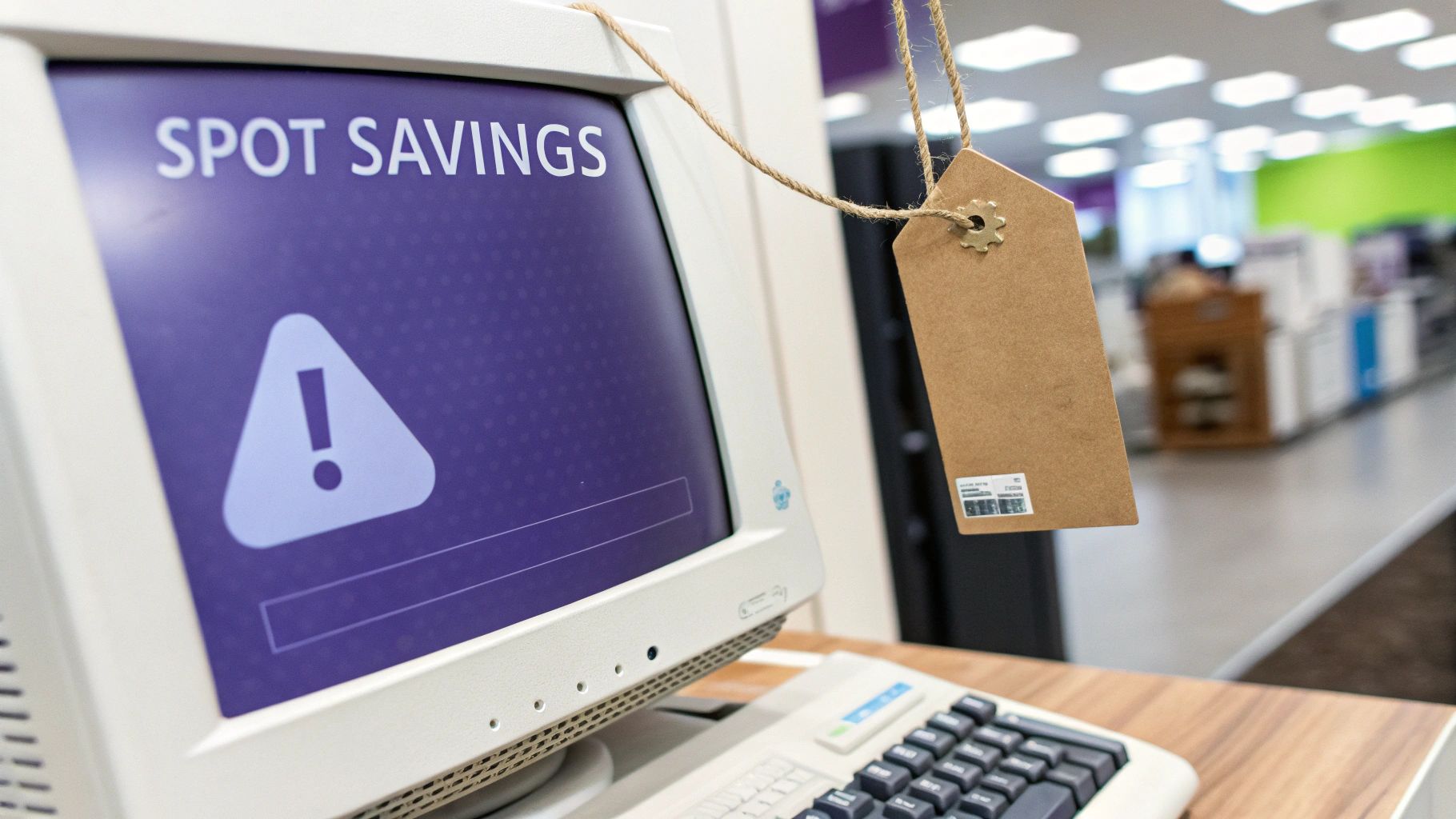 A vintage computer monitor displaying "SPOT SAVINGS" and a warning sign, with a blank price tag hanging.