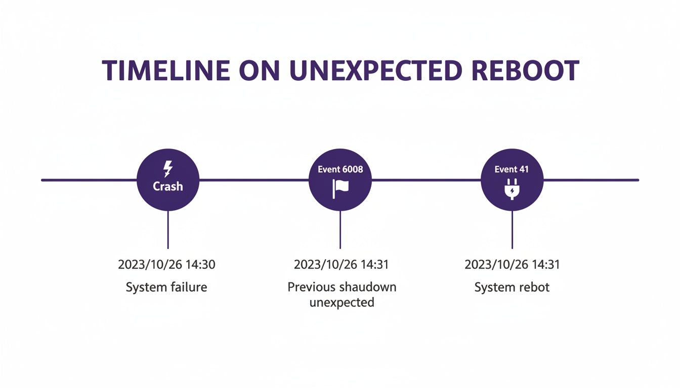 Timeline diagram illustrating an unexpected system reboot with events for crash, unexpected shutdown, and system reboot.