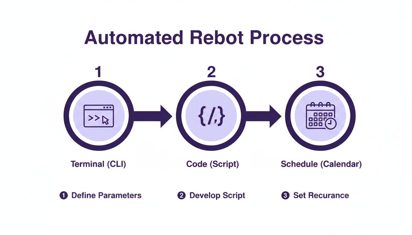 A flowchart illustrating a three-step automated reboot process: define parameters, develop script, and set recurrence.