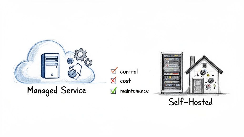 A diagram comparing managed cloud services with self-hosted solutions, highlighting differences in control, cost, and maintenance.