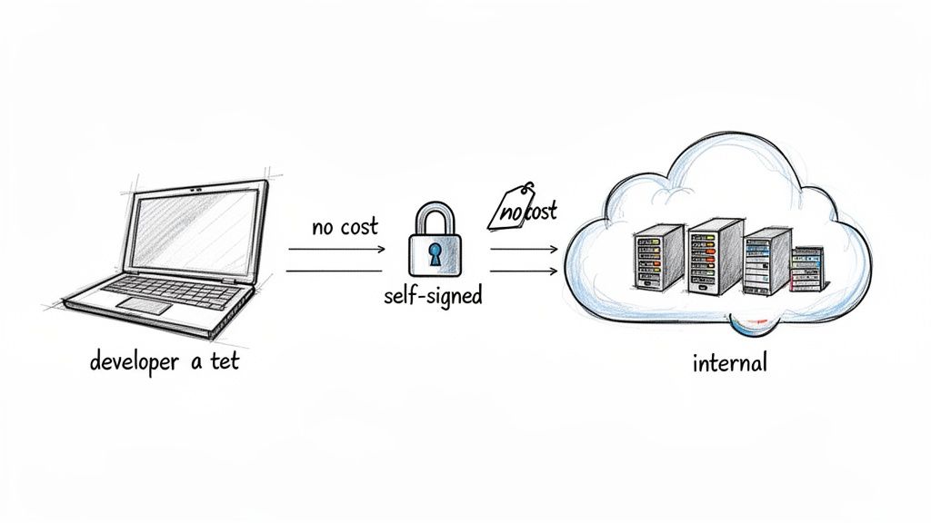Diagram showing a developer creating a self-signed certificate at no cost for internal server deployment.