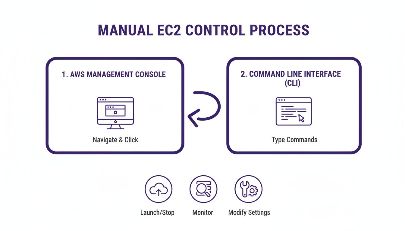 A diagram illustrating the manual AWS EC2 control process through the management console or command line interface (CLI) for launching, stopping, monitoring, and modifying settings.