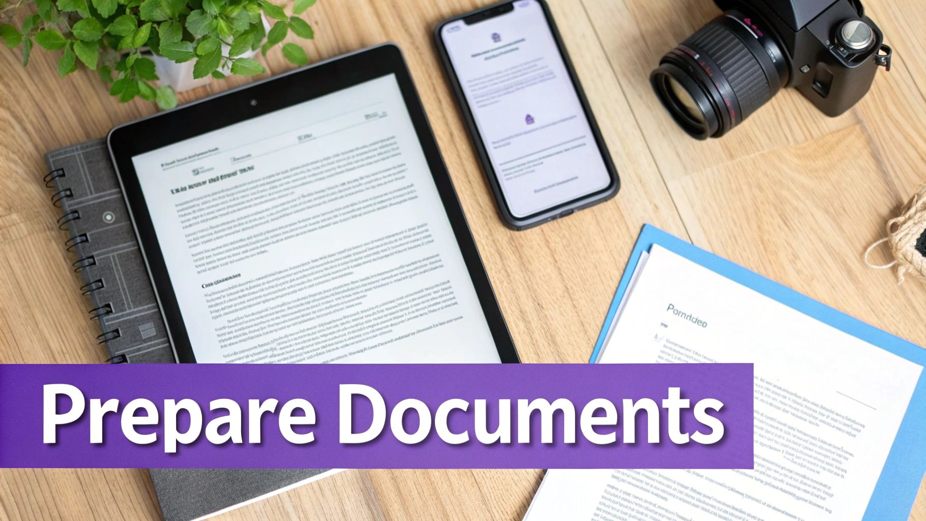 A flat lay of a tablet, smartphone, camera, and documents on a wooden desk, symbolizing document preparation.