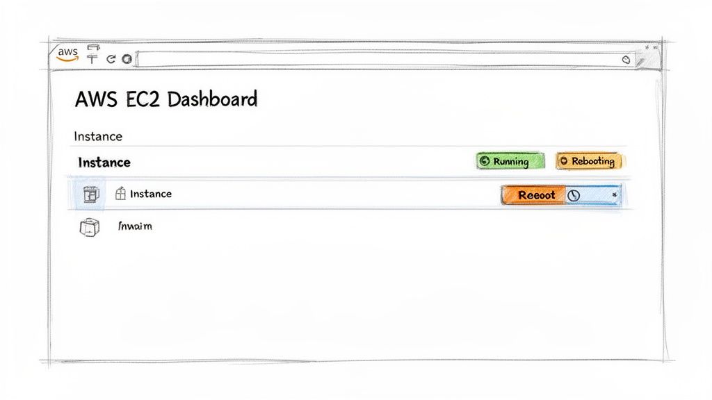 Screenshot of an AWS EC2 Dashboard showing instance status, including running and rebooting, and a reboot button.