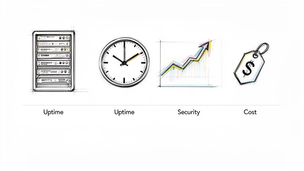 Four sketch icons depicting key system metrics: server rack and clock for uptime, a graph for security, and a price tag for cost.