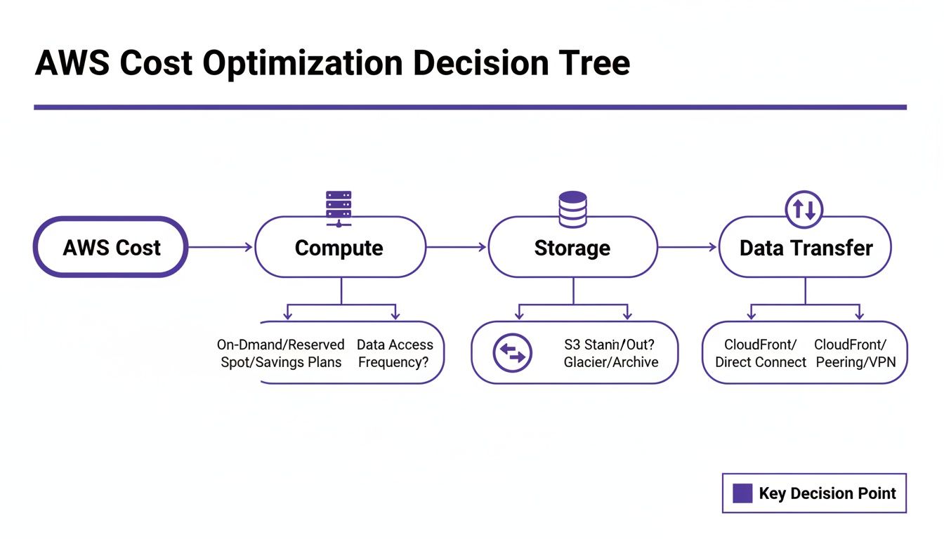 Illustration showing icons for Compute, Storage, and Data Transfer representing the core pillars of AWS costs.