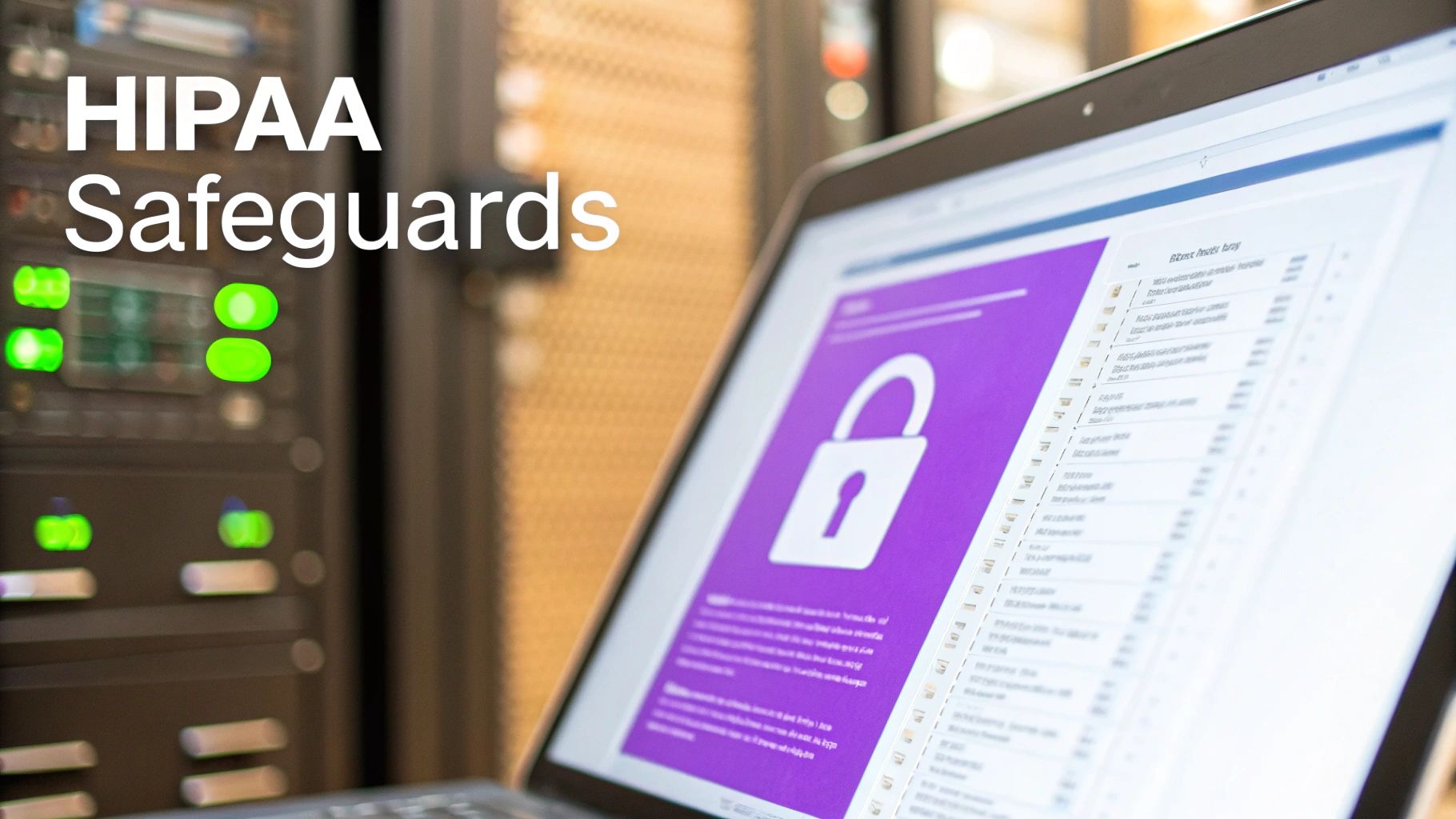 A laptop displaying a padlock icon on a screen next to server racks, with text 'HIPAA Safeguards'.