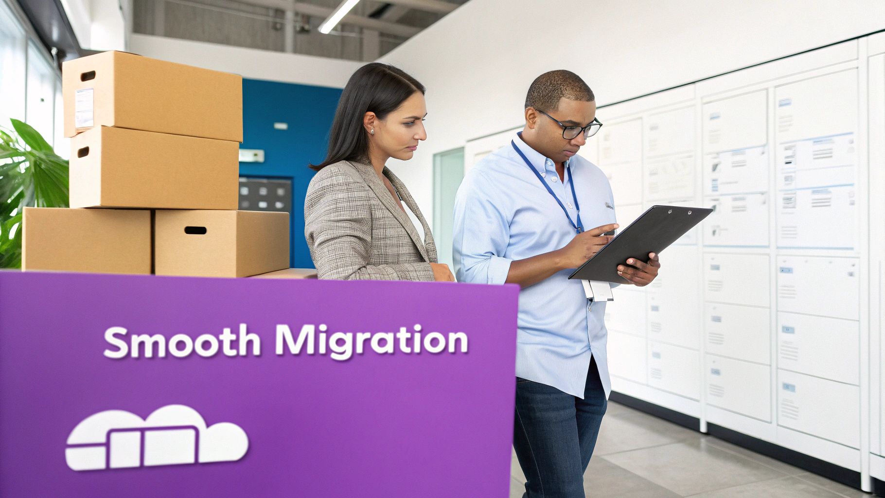 Two professionals, a man with a clipboard and a woman, overseeing a smooth data migration.
