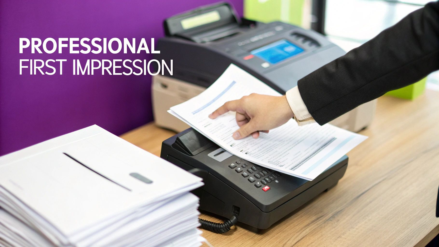 Professional in a suit pointing at documents on a fax machine, preparing for business communication.