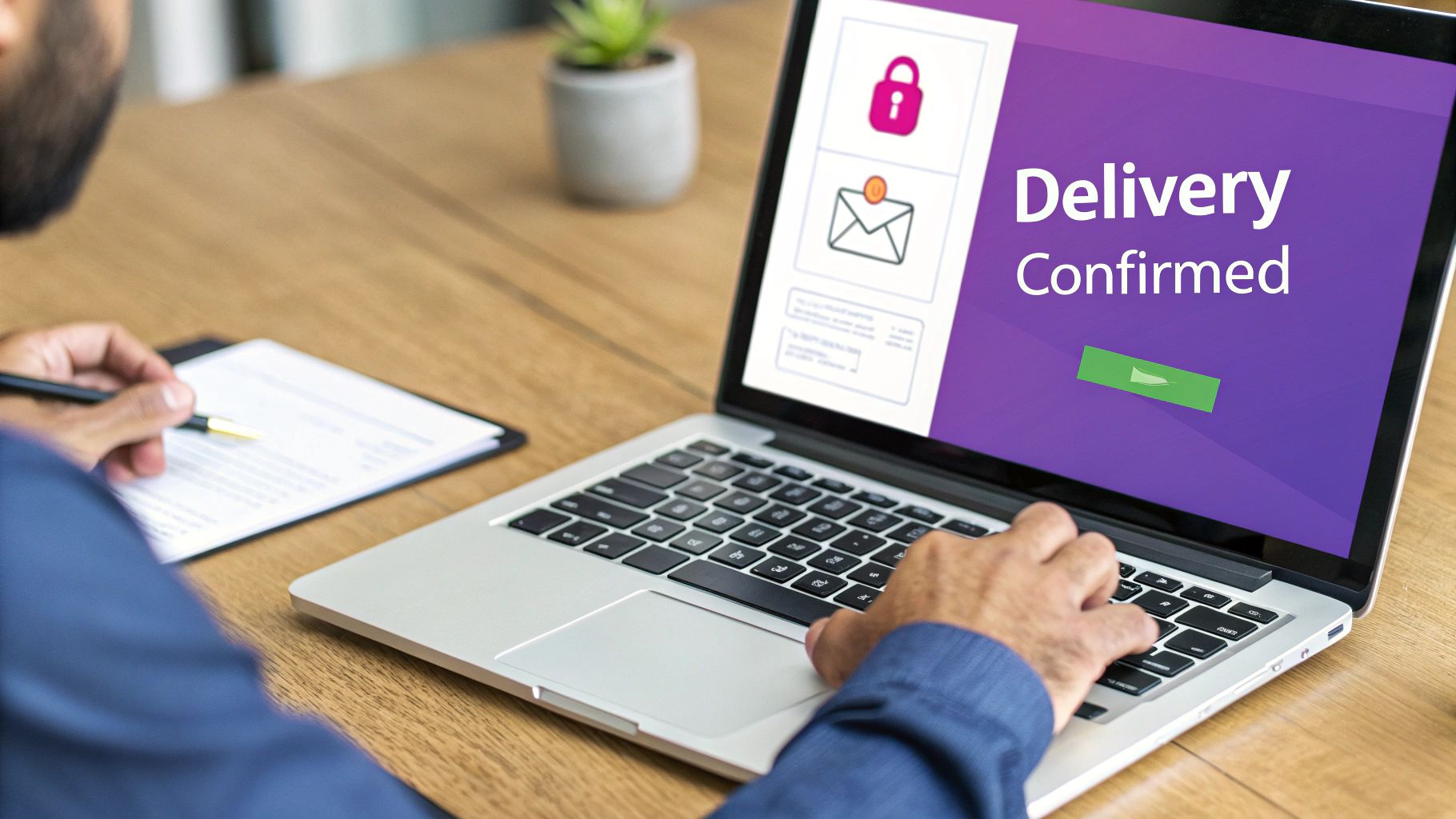 A person checking a delivery confirmation on a laptop while holding a pen and looking at documents.